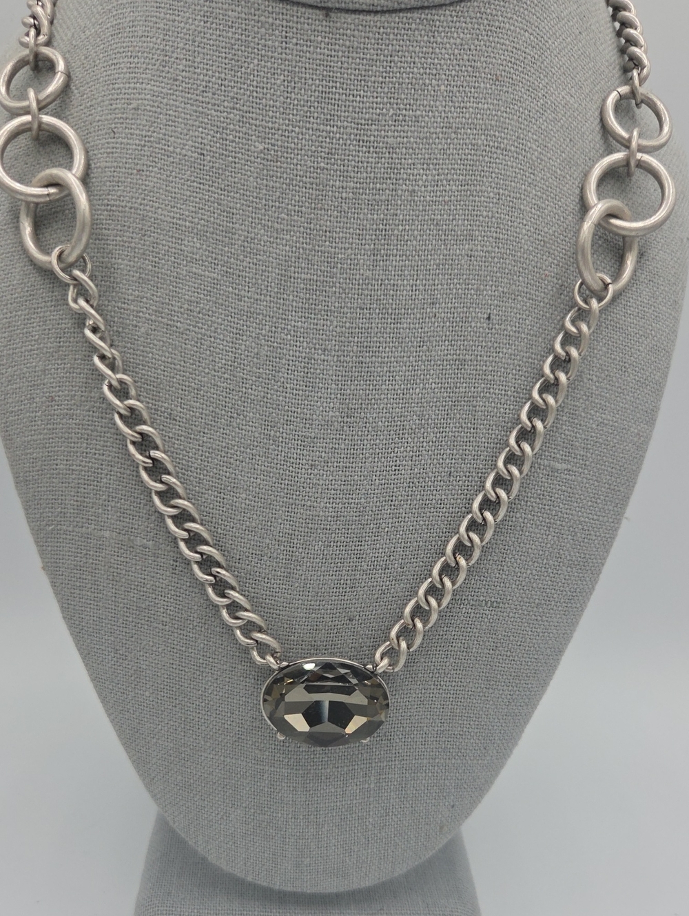 5 for $25! CAbi Silver Tone Chain Necklace with Smoky Gray Faceted Pendant